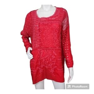 Johnny Was Red Bohemian Embroidered Top Blouse Size S
